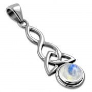 Long Rainbow Moonstone Celtic Trinity Knot Silver Pendant, p484